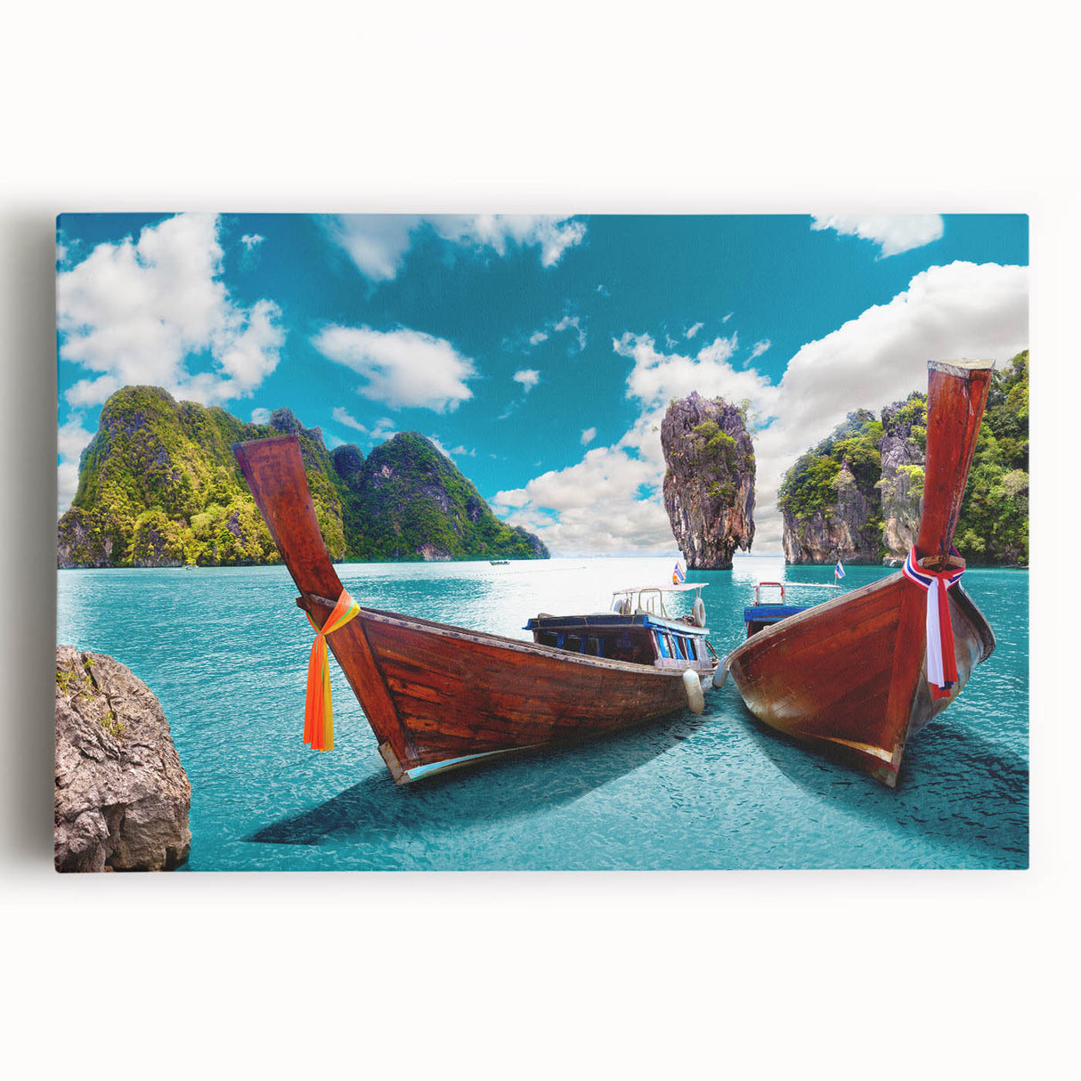 Stretched canvas artwork showcasing a serene lake landscape with vibrant blues and greens, framed elegantly for wall display, ideal for nature-themed decor.
