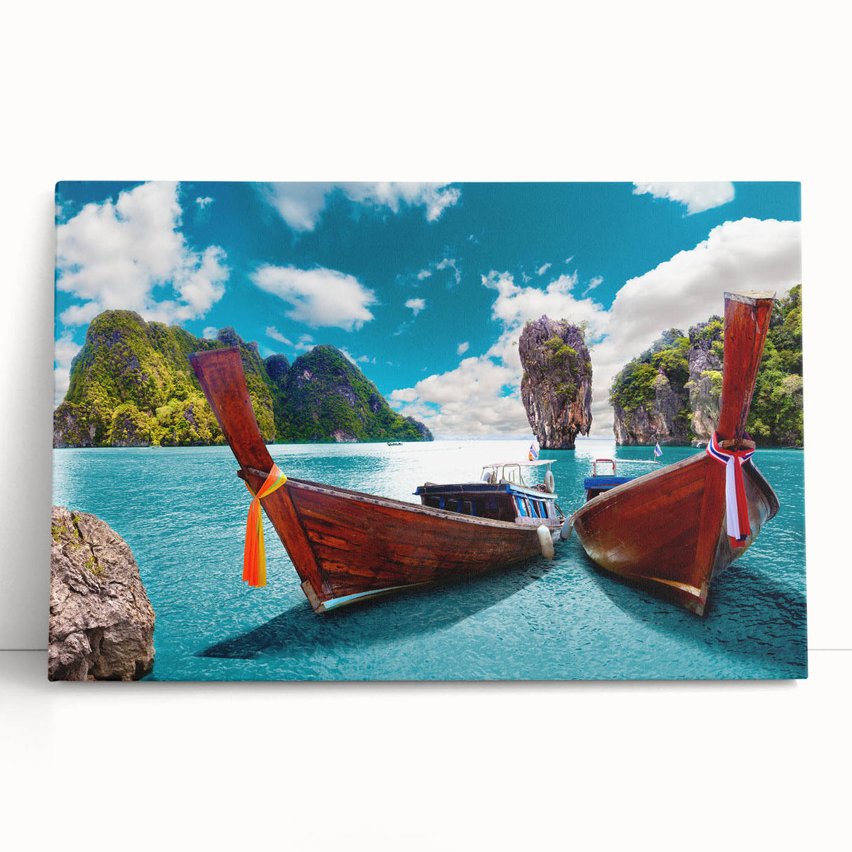 Stretched canvas wall art showcasing a serene lake landscape with vibrant colors and detailed reflections, perfect for home decor and nature enthusiasts.