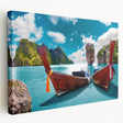 Stretched canvas wall art showcasing a serene lakeside landscape with vibrant blues and greens, designed to enhance home decor and create a calming atmosphere.