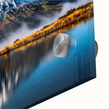 Vibrant close-up of a stunning acrylic wall art piece showcasing serene lake landscapes, highlighting intricate details and vivid colors, perfect for modern decor.