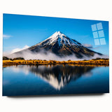 Acrylic glass wall art piece showcasing a serene lake landscape with vibrant colors, displayed in a side view without pins, ideal for modern home decor.