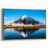 Framed canvas wall art showcasing a serene lakeside landscape with golden accents, elegantly displayed from the side, perfect for home decor and aesthetic enhancement.