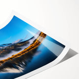 Vibrant rolled print of a serene landscape featuring a tranquil lake, surrounded by lush greenery and soft clouds, perfect for home decor or office spaces.