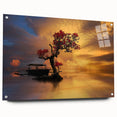 Acrylic glass wall art showcasing a serene lake landscape design, framed with pins for easy display, emphasizing vibrant colors and intricate details.