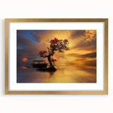 Framed landscape wall art featuring a serene lake scene, elegantly displayed with a gold mat, perfect for enhancing home decor with nature-inspired elegance.