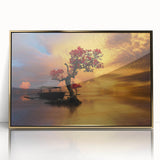 Framed acrylic wall art featuring a serene lake landscape design with gold accents, ideal for home decor. Perfect for adding elegance to any room.