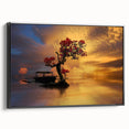 Framed canvas wall art showcasing a serene lake landscape with vibrant colors, set in a sleek black frame, ideal for enhancing home decor and creating a calming atmosphere.