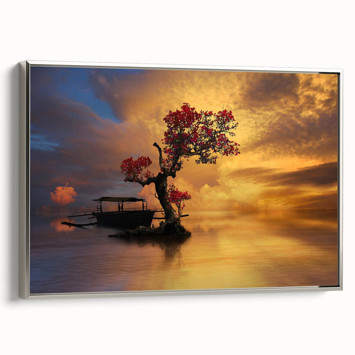 Framed canvas wall art showcasing a serene lake landscape with vibrant colors, silver frame, and a modern design, perfect for enhancing home decor aesthetics.