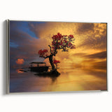 Framed canvas wall art showcasing a serene lake landscape with vibrant colors, silver frame, and a modern design, perfect for enhancing home decor aesthetics.