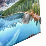 Close-up of a vibrant acrylic glass artwork showcasing a serene landscape of a tranquil lake, surrounded by lush greenery, perfect for modern home decor.