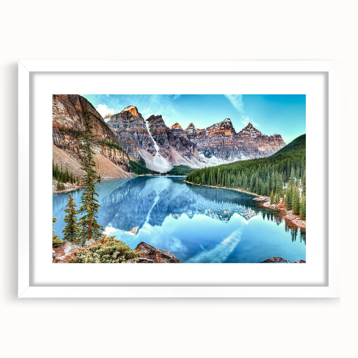 Framed landscape wall art collection featuring serene lakes and mountains, with a white mat and modern design, perfect for enhancing home decor.