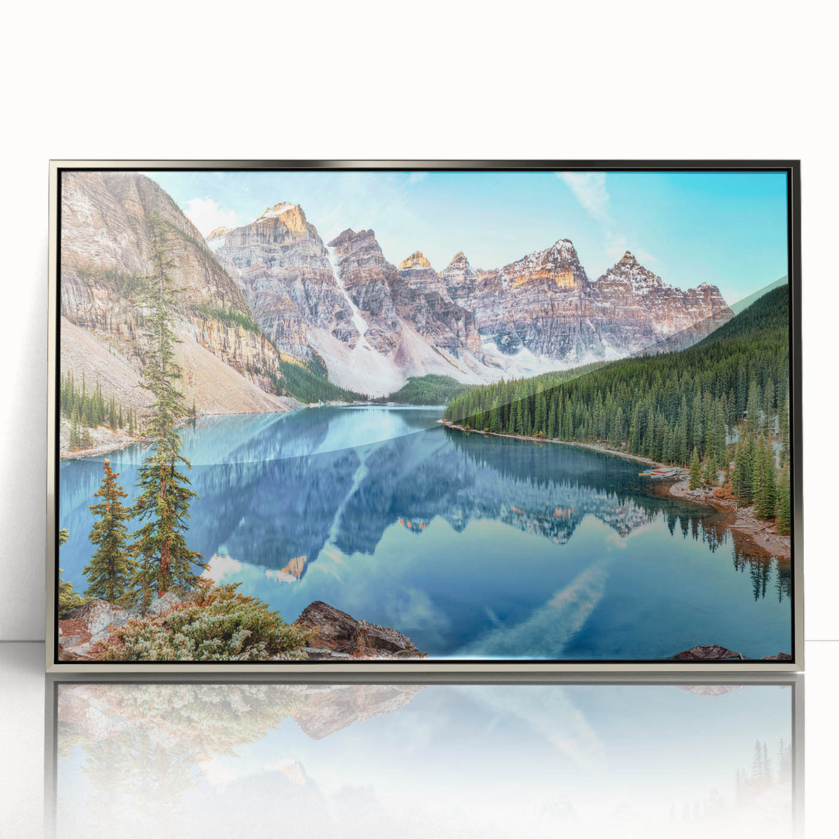 Framed wall art collection showcasing serene lake landscapes, featuring a silver acrylic front for a modern touch, perfect for home decor.