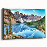 Framed canvas wall art showcasing a serene lake landscape design with vibrant colors, featuring a sleek black frame and side view perspective, perfect for home decor.