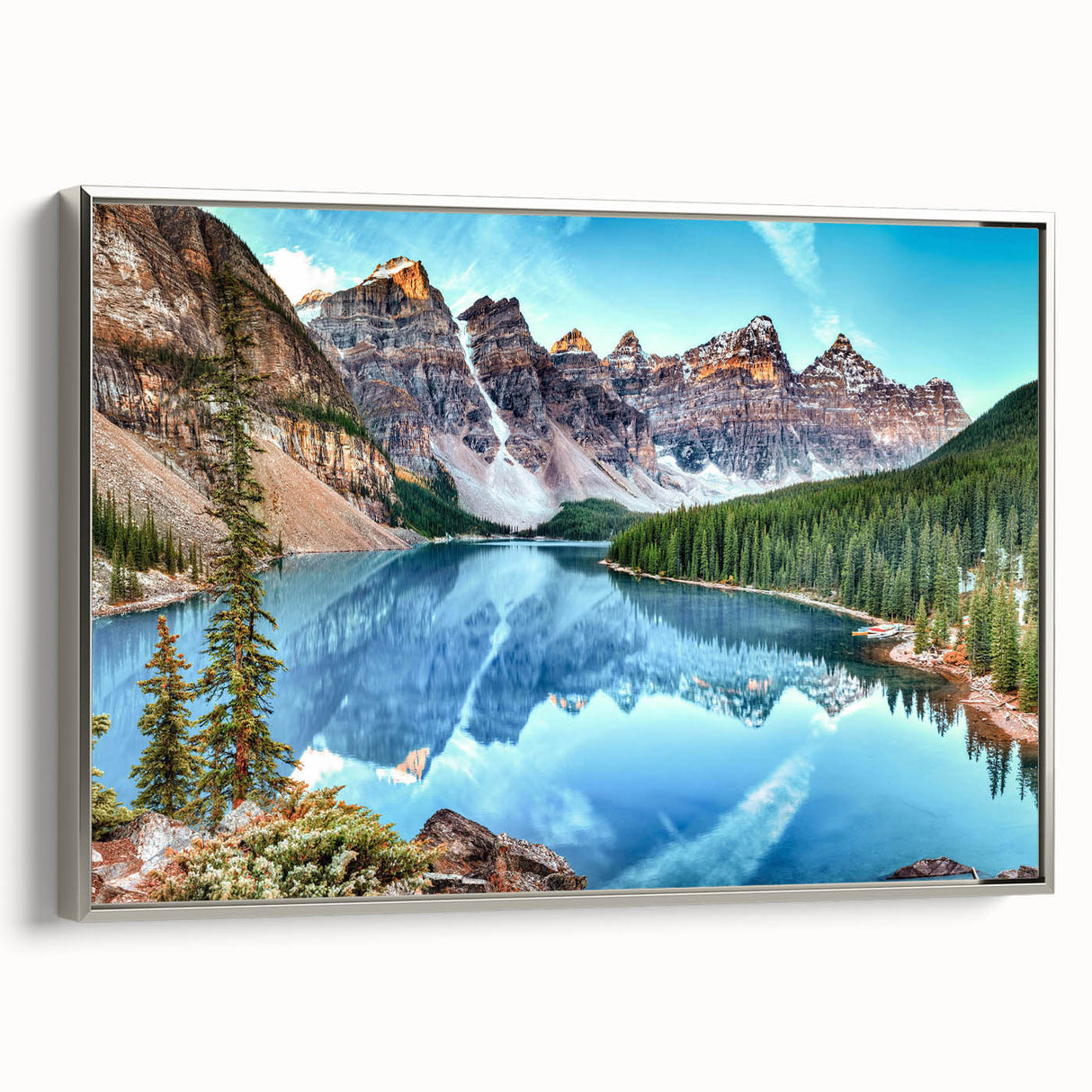 Framed canvas wall art collection depicting serene lake landscapes with vibrant colors, featuring a sleek silver frame, ideal for home decor and relaxation.