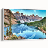 Framed canvas wall art featuring a serene landscape of a tranquil lake surrounded by lush greenery, showcasing vibrant colors and intricate details, ideal for home decor.