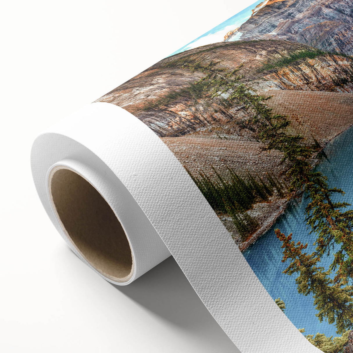 Vibrant rolled canvas art showcasing a serene lakeside landscape with lush greenery, perfect for home decor, packaged securely for safe delivery.