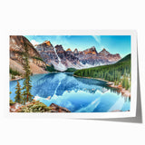 Rolled print of a serene lake landscape featuring vibrant blues and greens, ideal for home decor. The artwork highlights tranquil water reflections and lush surroundings.
