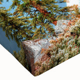 Close-up of a stretched canvas featuring a vibrant landscape design of serene lakes, showcasing rich blues and greens, perfect for enhancing home décor. Ideal for nature lovers seeking to elevate their space with artistic wall art.