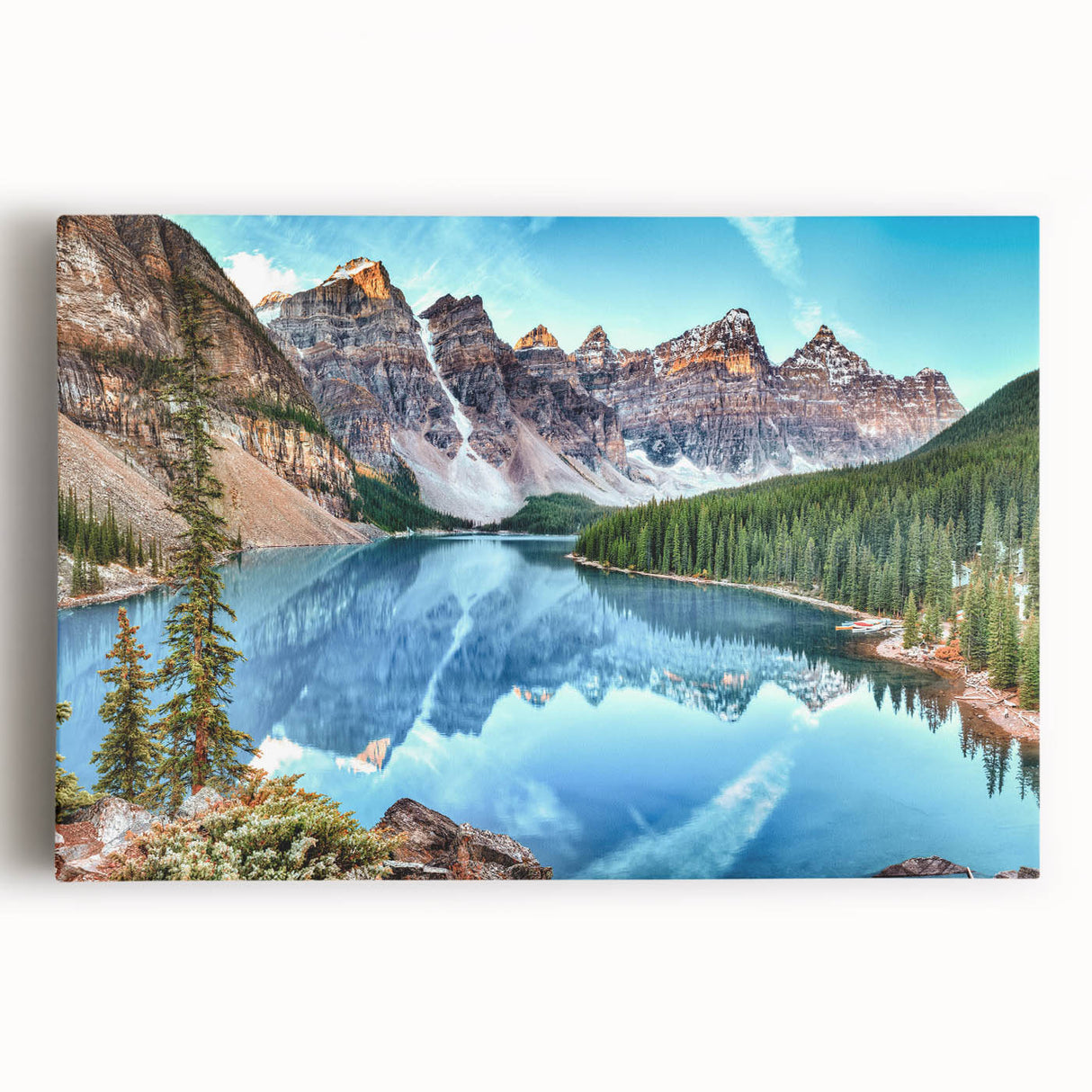 Stretched canvas wall art showcasing a serene lakeside landscape with vibrant colors and intricate details, perfect for enhancing home decor and creating a calming atmosphere.