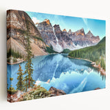 Stretched canvas wall art showcasing a serene lake landscape with vibrant colors and detailed reflections, ideal for home decor and nature enthusiasts.