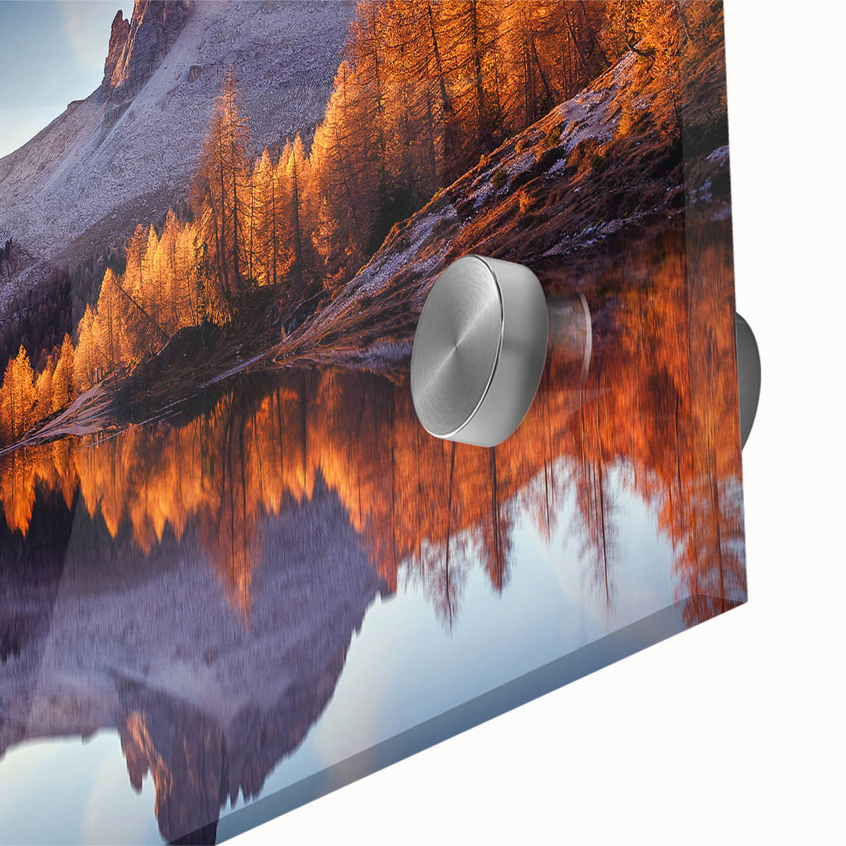 Close-up of a stunning acrylic glass wall art piece depicting serene landscapes and tranquil lakes, showcasing vibrant colors and intricate details, perfect for modern decor.
