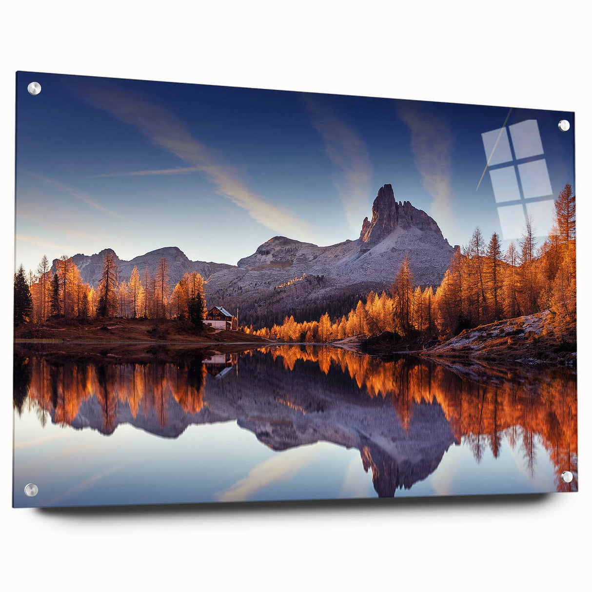 Acrylic glass wall art collection showcasing a serene landscape of lakes, featuring vibrant colors and intricate details, elegantly displayed with pins. Perfect for modern home decor.