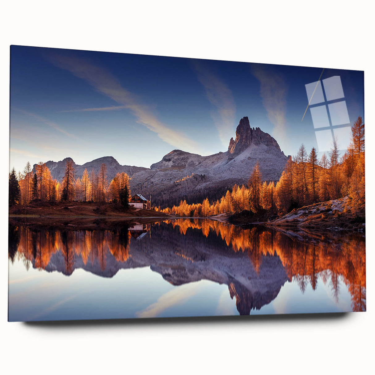 Acrylic glass wall art featuring a serene landscape of a tranquil lake surrounded by lush greenery, showcasing vibrant colors and intricate details, perfect for home decor.