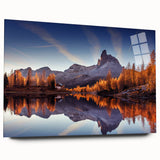 Acrylic glass wall art featuring a serene landscape of a tranquil lake surrounded by lush greenery, showcasing vibrant colors and intricate details, perfect for home decor.