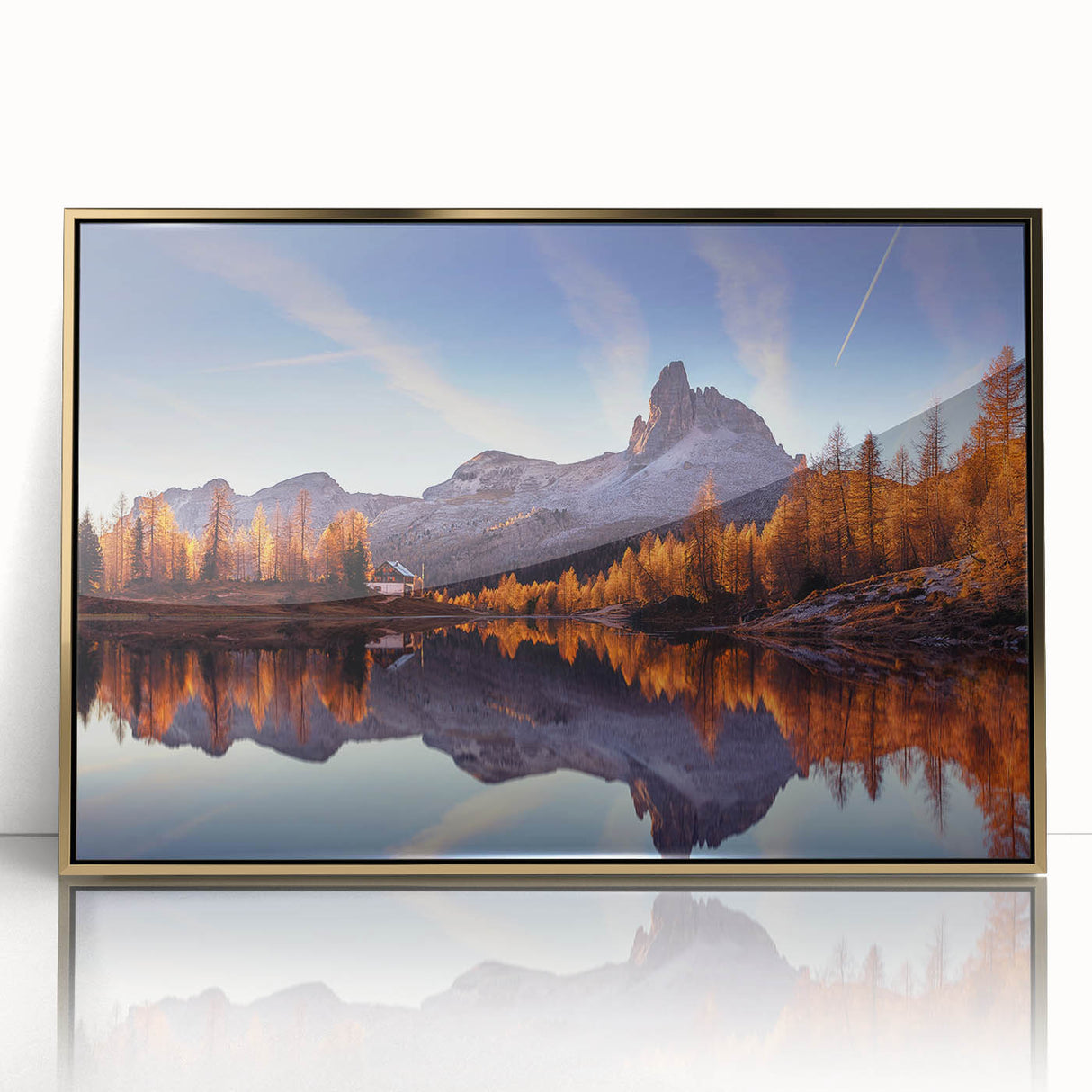 Framed acrylic wall art showcasing a serene lake landscape design with gold accents, ideal for enhancing modern home decor. Perfect for nature enthusiasts.