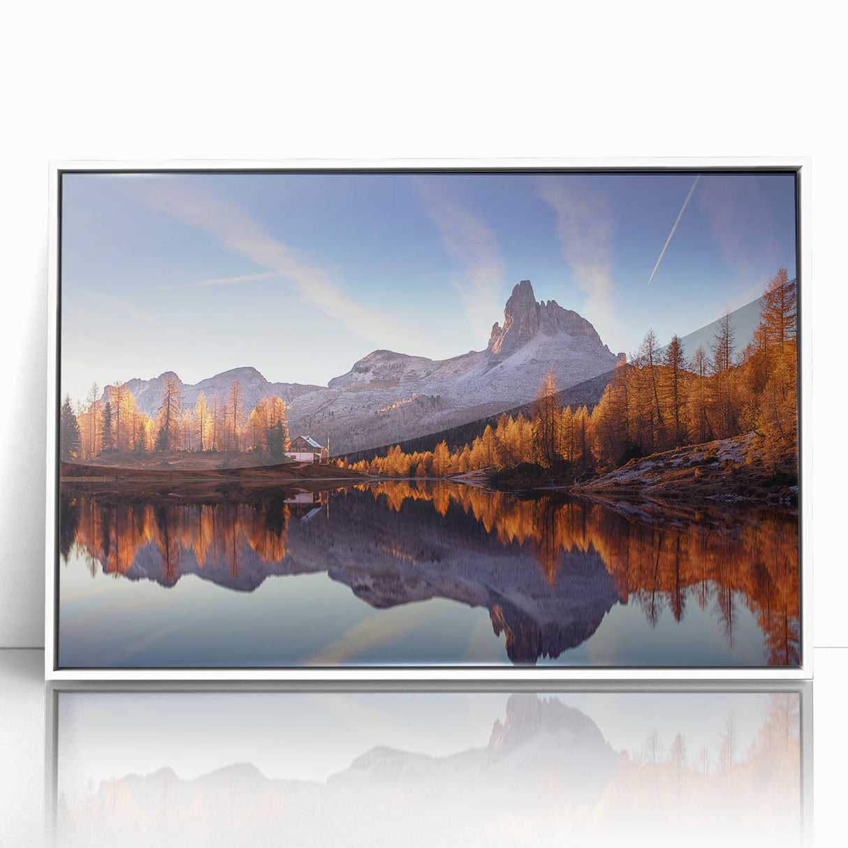 Framed acrylic wall art depicting a serene lake landscape, featuring vibrant colors and detailed reflections, perfect for enhancing modern home decor.