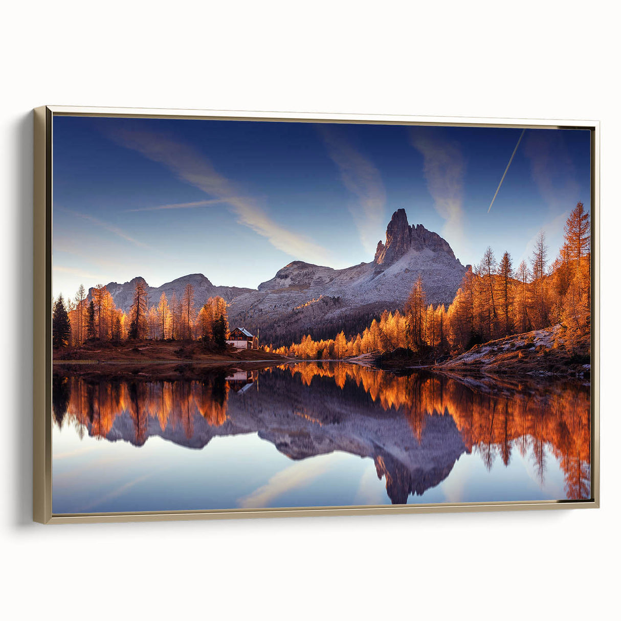 Framed canvas wall art showcasing a serene lakeside landscape with vibrant colors and gold accents, perfect for enhancing home decor.