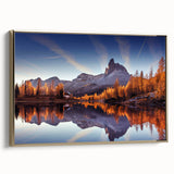 Framed canvas wall art showcasing a serene lakeside landscape with vibrant colors and gold accents, perfect for enhancing home decor.