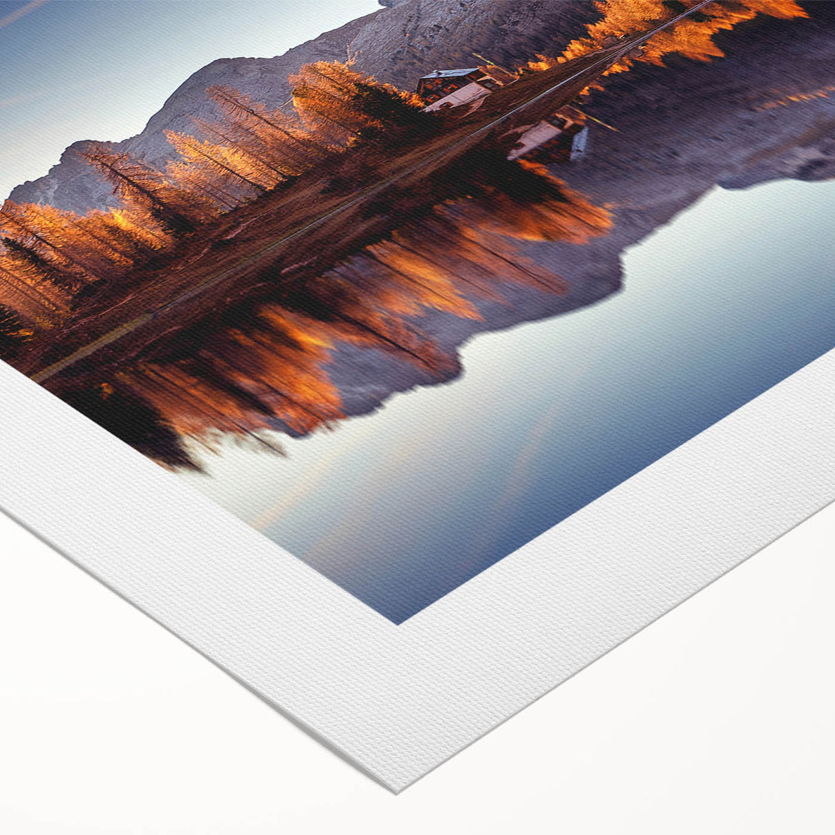 Serene landscape wall art on rolled canvas showcasing a tranquil lake scene surrounded by lush greenery and mountains, perfect for home decor accents.