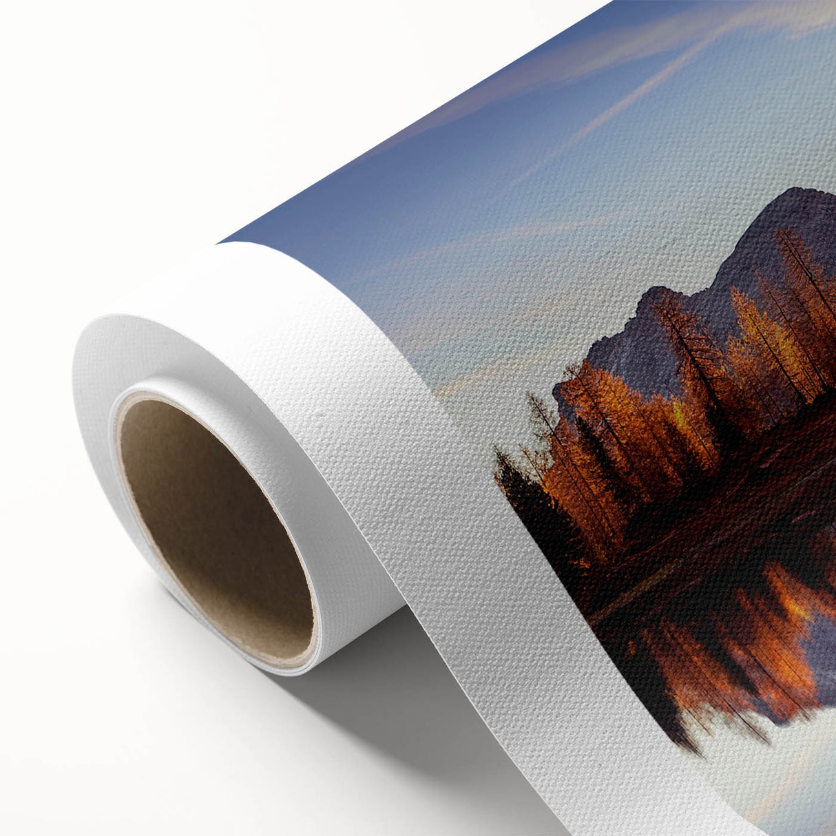 Rolled canvas showcasing a serene landscape painting of a tranquil lake surrounded by lush greenery, featuring vibrant colors and soft brush strokes, ideal for home decor.