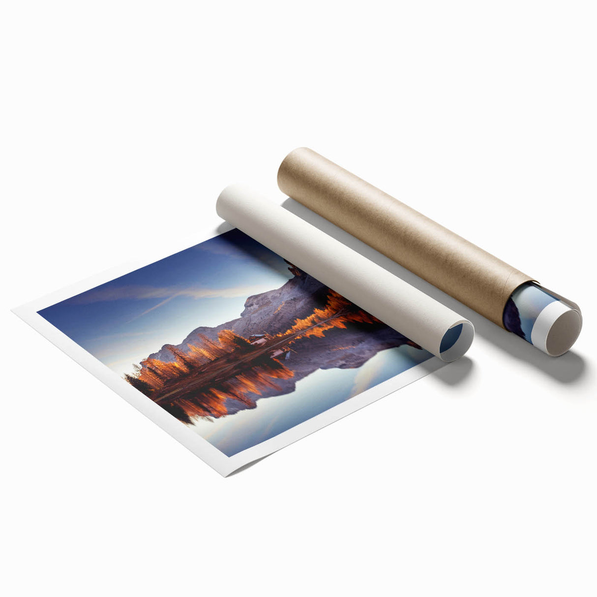 Stunning rolled print of a serene lake landscape, showcasing vibrant blues and greens in a tranquil setting, perfect for home decor or art collectors.
