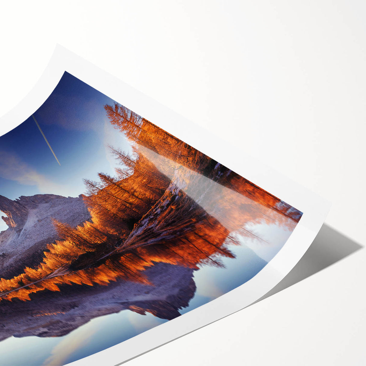 Serene landscape wall art print showcasing a tranquil lake surrounded by lush green trees and mountains, rolled and ready for framing in a durable cardboard tube.