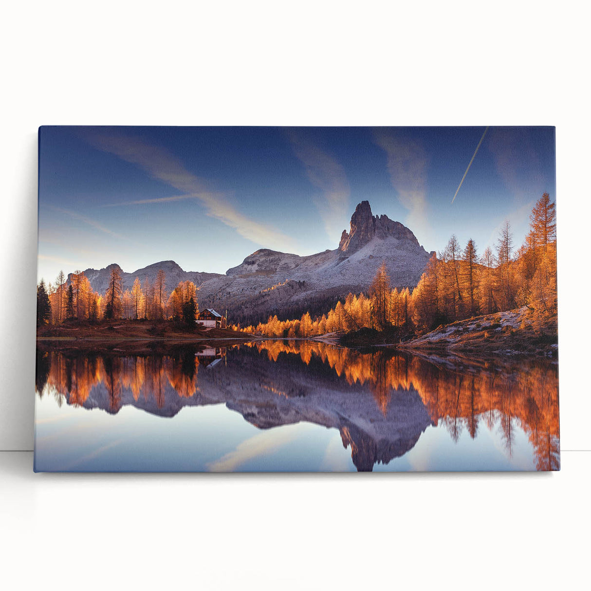 Stretched canvas wall art showcasing a serene lakeside landscape with vibrant colors, perfect for enhancing home decor in living rooms or offices.