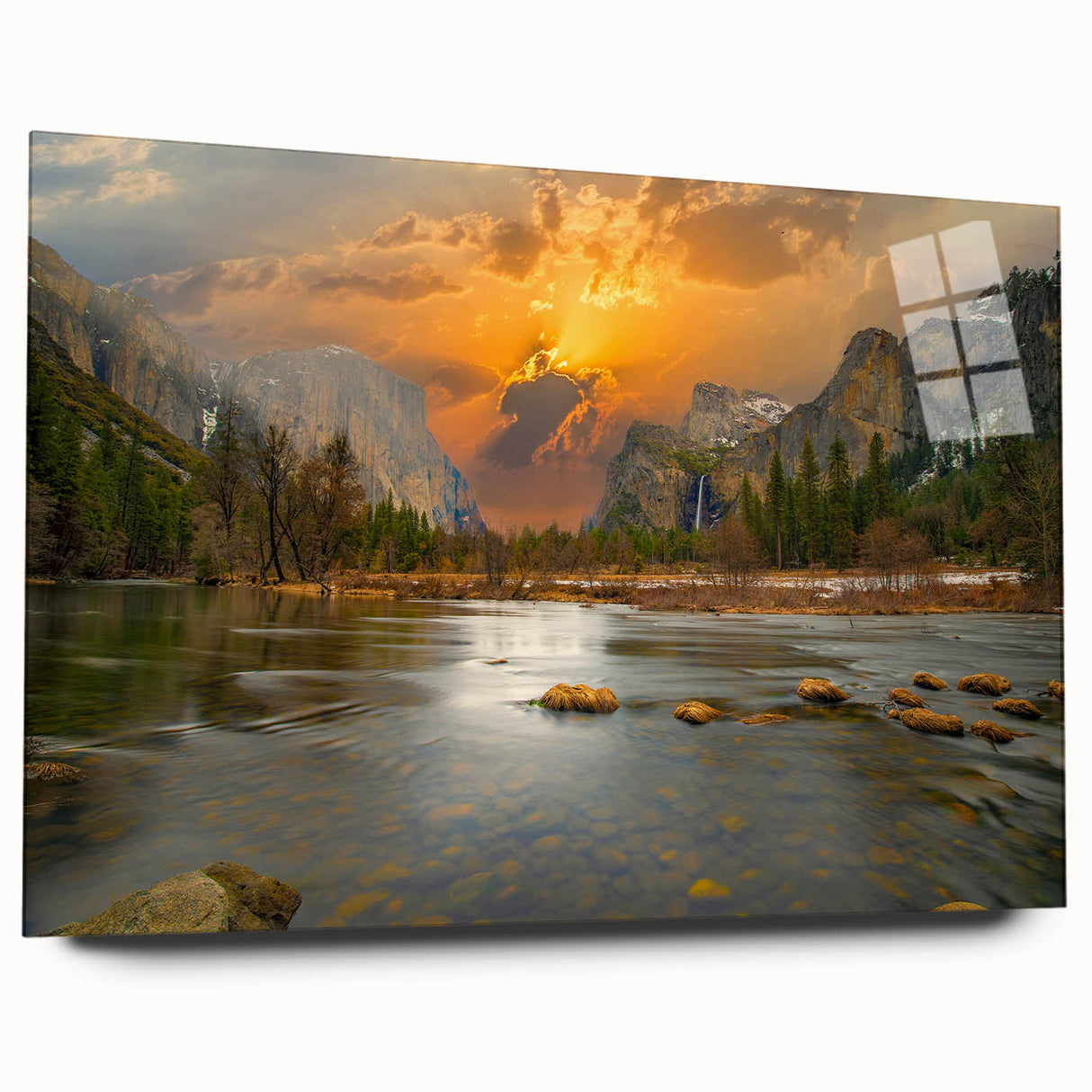 Acrylic glass wall art featuring a serene landscape with a tranquil lake and lush greenery, designed for modern home decor. This side view showcases the artwork's vibrant colors and reflective surface, enhancing any living space with a touch of nature.