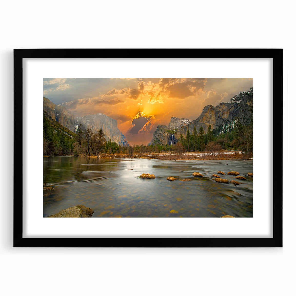 Framed black wall art showcasing a serene lakeside landscape with vibrant colors and intricate details, perfect for enhancing home decor and creating a calming atmosphere.