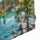 Close-up of a vibrant acrylic glass wall art piece depicting serene lakeside landscapes, highlighting rich colors and intricate details, ideal for home decor.