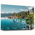 Acrylic glass wall art featuring a vibrant landscape design with serene lakes, showcased from a side view, elegantly mounted with decorative pins.