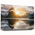 Acrylic glass wall art showcasing a serene lakeside landscape with vibrant colors, framed with stylish pins, ideal for modern home decor.