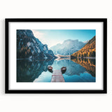 Framed wall art showcasing a serene landscape of lakes with a black mat and frame, ideal for home decor, adding elegance and tranquility to any space.
