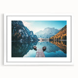 Framed wall art featuring serene lake landscape design, showcasing vibrant colors with a white mat and sleek frame, perfect for home decor enhancement.