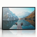 Framed acrylic wall art showcasing a serene lake landscape design, featuring vibrant colors and a sleek black frame, ideal for modern home decor.