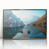 Framed wall art showcasing a serene lake landscape with vibrant colors and gold accents, perfect for enhancing modern home decor. Ideal for nature lovers and art enthusiasts.