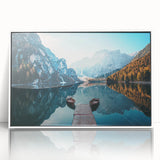 Framed acrylic wall art featuring a serene lakeside landscape with vibrant colors, designed to enhance home decor, displayed against a white background.