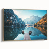 Framed canvas wall art showcasing a serene landscape with a tranquil lake, surrounded by lush greenery and soft gold accents, perfect for modern home decor.