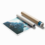 Vibrant landscape wall art print showcasing serene lakes with mountains in the background, rolled for easy transport and display, perfect for home decor.