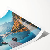 Rolled print of a serene lake landscape wall art collection, showcasing vibrant blues and greens, ideal for home decor, packaged securely in a cardboard tube.